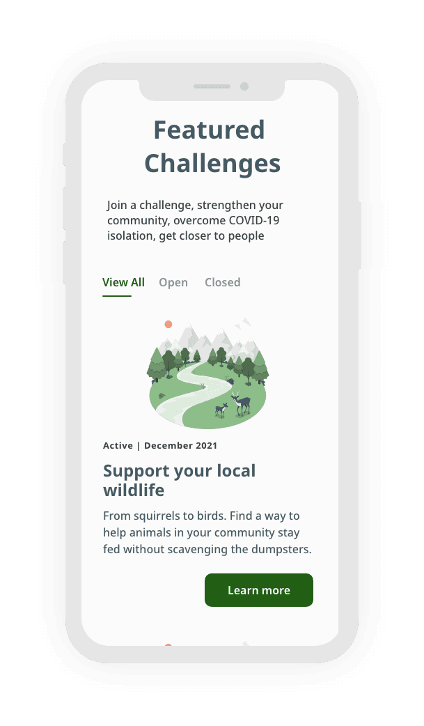 A screenshot of featured challenges, activities people can do alone to feel as a part of a community.