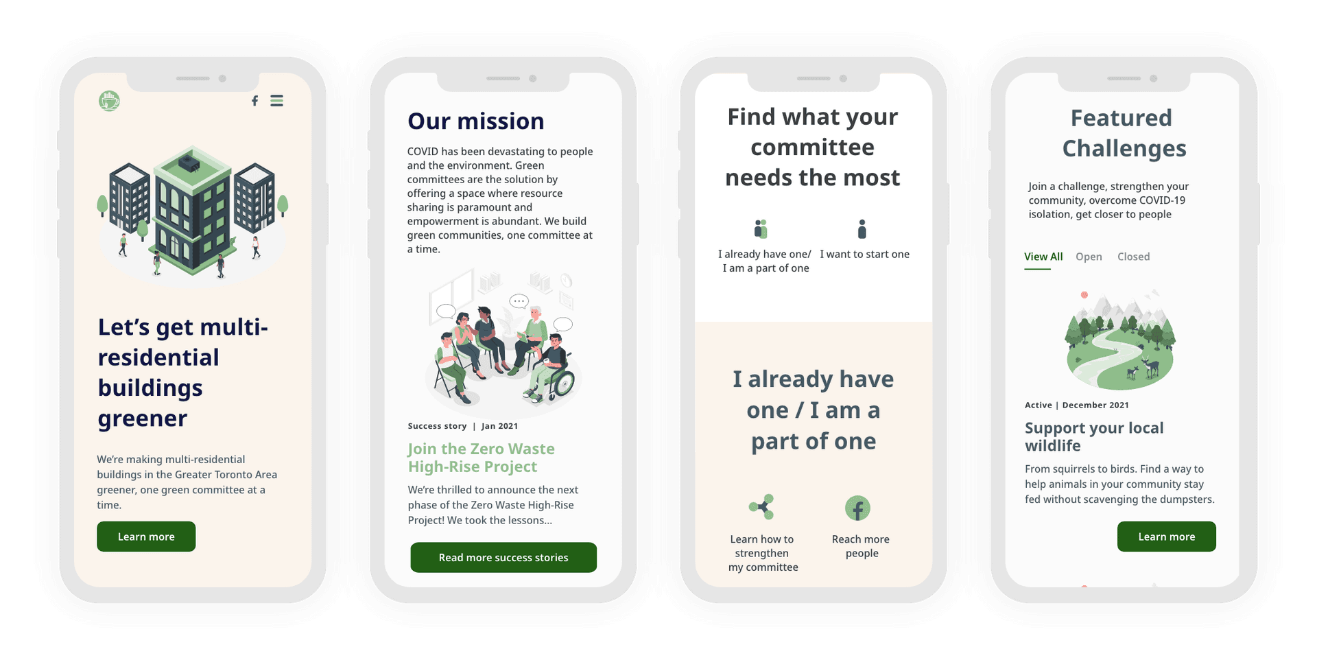 High-fidelity mock-ups representing main sections of the GCC website: the hero intro, the mission, the find out what your green committee needs the most, and the featured challenges.