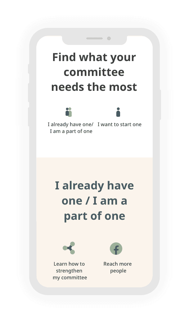 A user interface with two main options leading to articles: find what your committee needs the most, and I'm already part of the