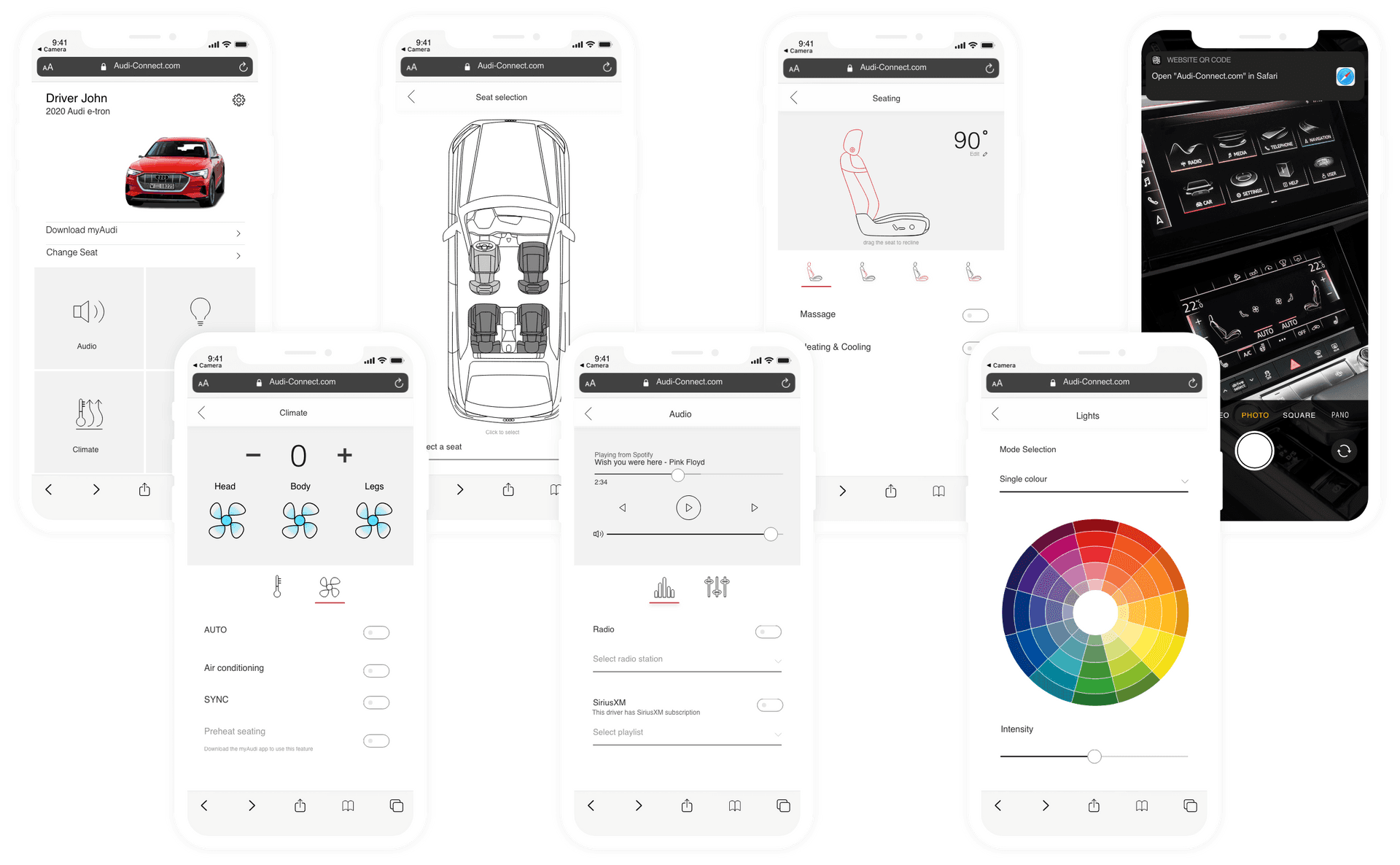High-fidelity mock-ups representing main screens of myAudi app