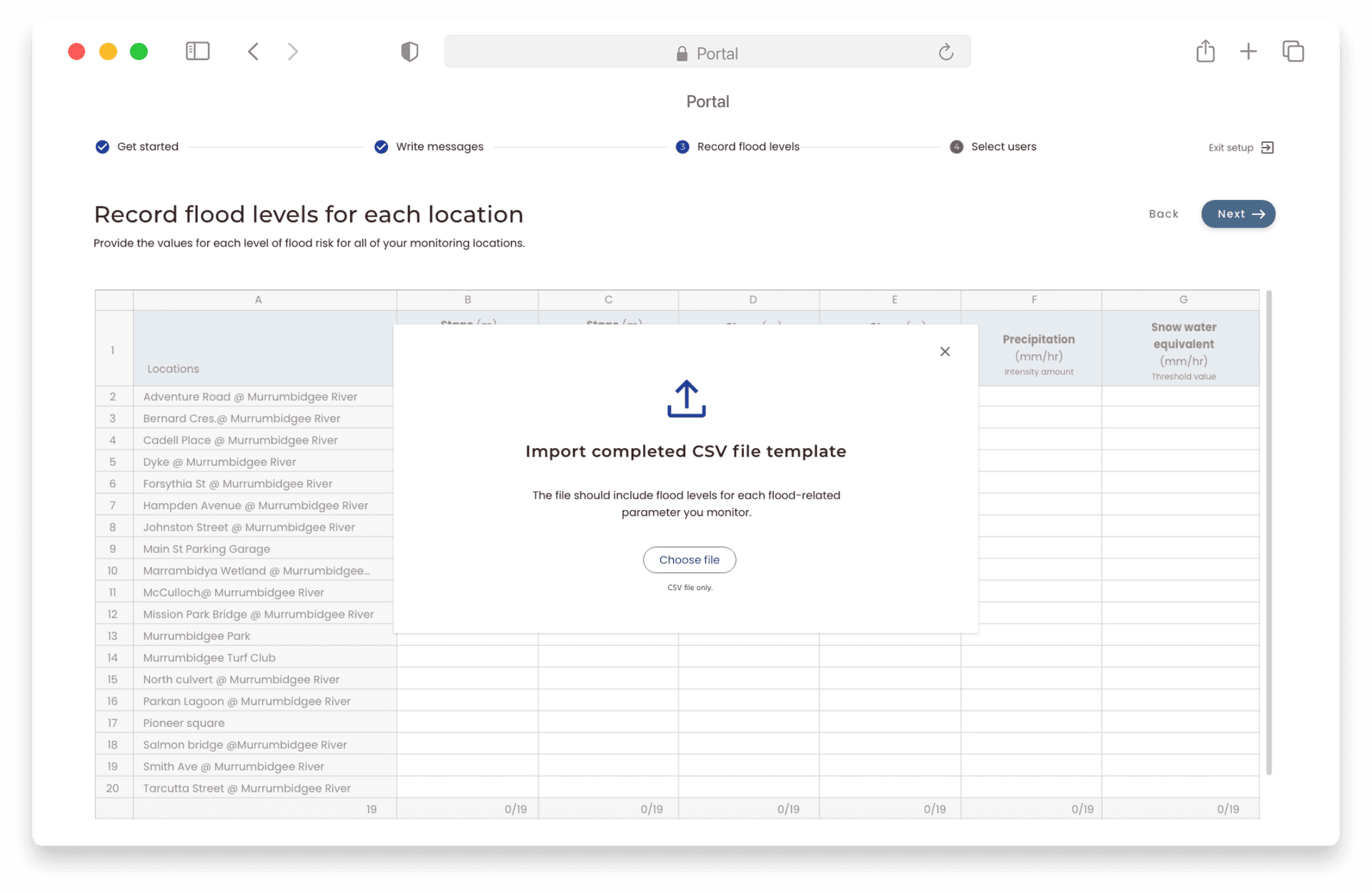 One of the most important pages of the onboarding - Import data page, where users are requireds to imput their flooding data into a template CSV.