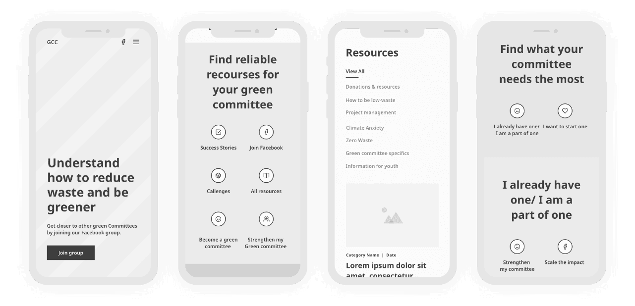 A user interface sketches using original content provided by the team: understand how to educe waste and be greener.