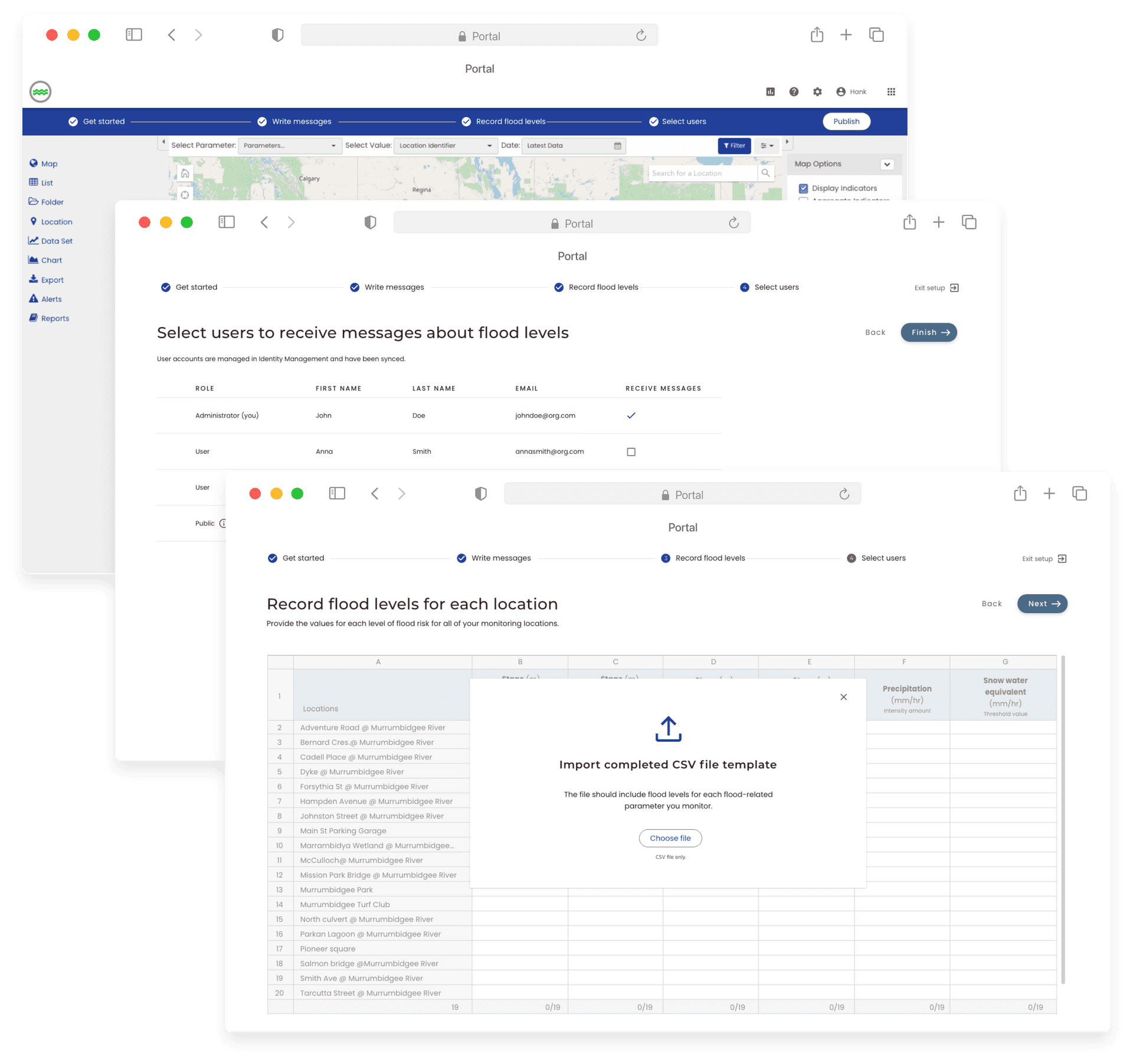 A snapthot of thee main pages of the onborading flow: alerts, data, and preview.
